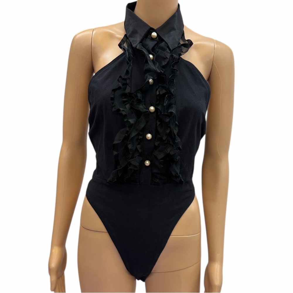 Vanity Black Ruffle Halter Sleeveless Collared Bodysuit Womens Large